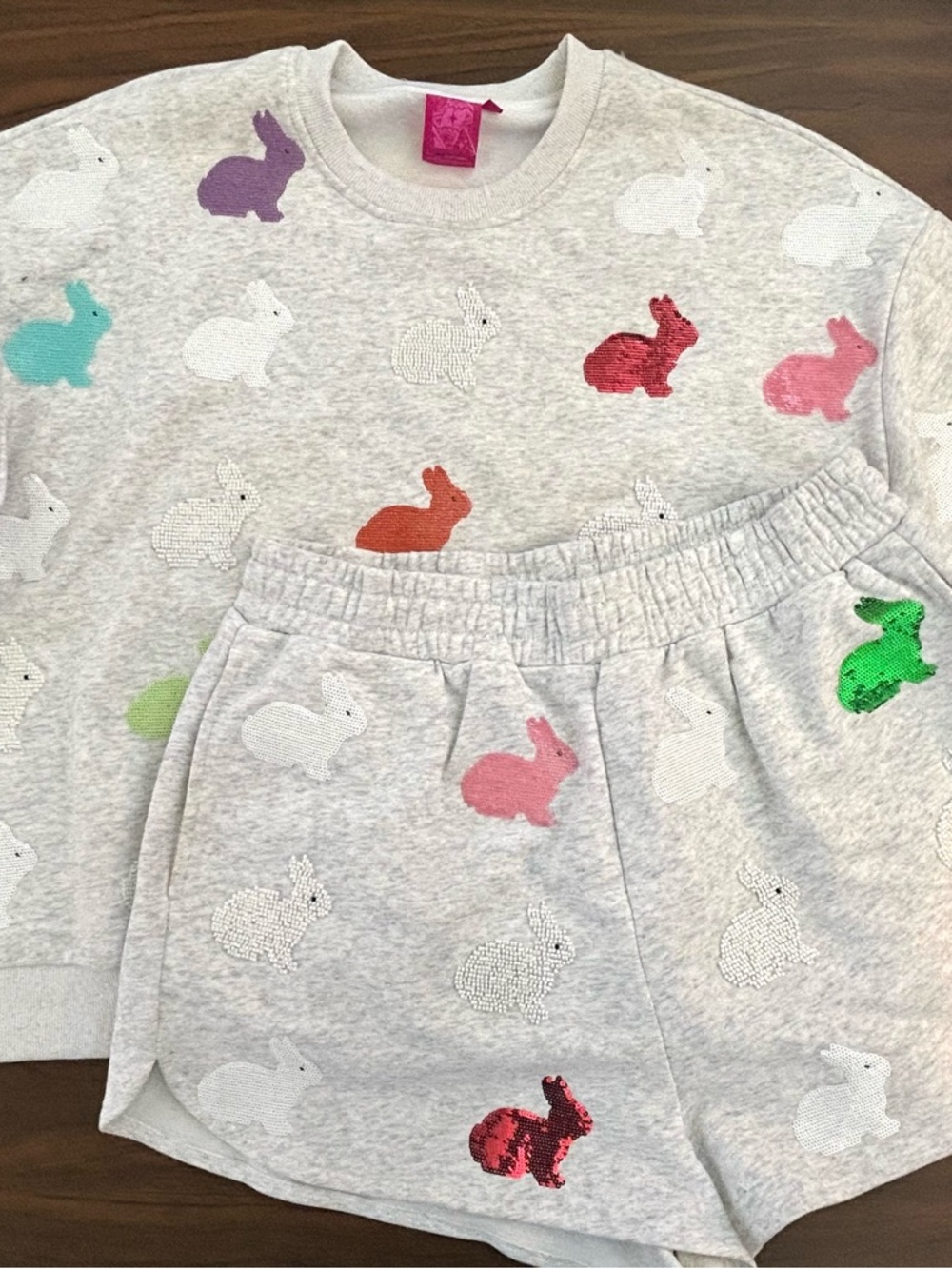 Queen of Sparkles Sequin Bunny Sweatshirt & Shorts Set - Multicolor Bunnies